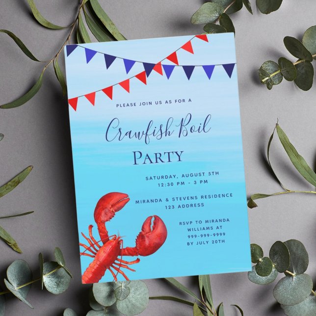 Crawfish boil party red lobster blue sea beach invitation (Creator Uploaded)