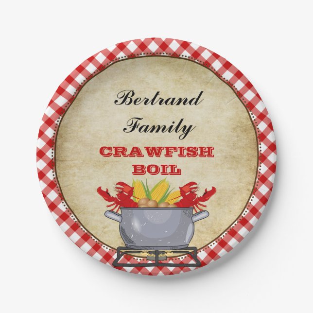 Crawfish Boil Pot Red Check Gingham Paper Plate (Front)