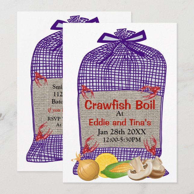 Crawfish Boil Purple Sack Invitation (Front/Back)