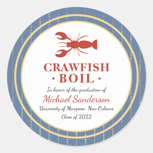 Crawfish Boil Seafood Blue Graduation Party Classic Round Sticker (Front)