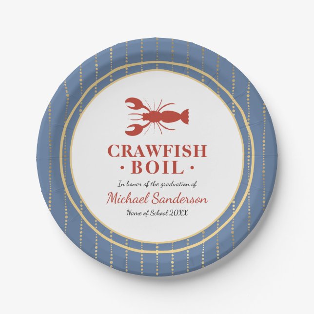 Crawfish Boil Seafood Blue Graduation Party Paper Plate (Front)