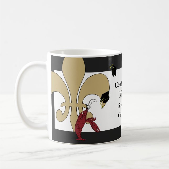Crawfish Fleur de Lis Graduation Black Gold Coffee Mug (Left)