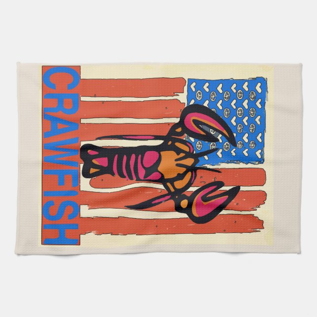 Crawfish Red Blue Flag Tea Towel (Horizontal)