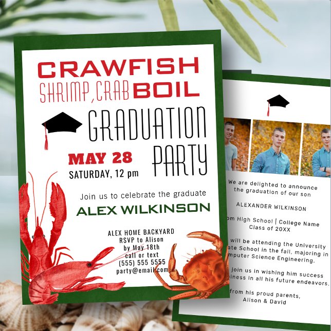 Crawfish Seafood Boil 3 Photo Graduation Party  Invitation (Creator Uploaded)