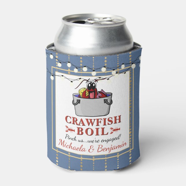 Crawfish Seafood Boil Blue Gold Party Engagement Can Cooler (Can Front)