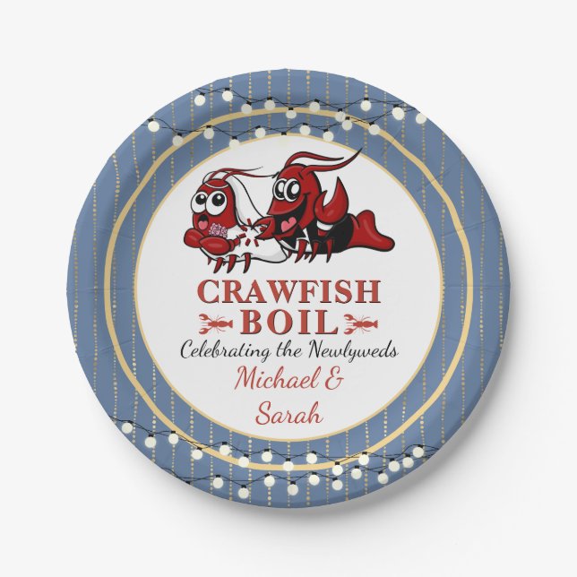 Crawfish Seafood Boil Newlyweds or Engagement Blue Paper Plate (Front)