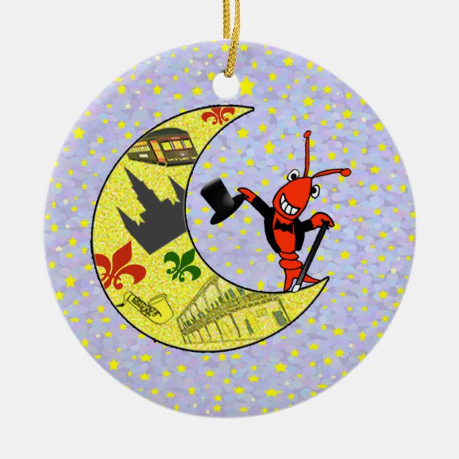 Crawfish Top Hat Crescent Moon Ceramic Tree Decoration (Front)