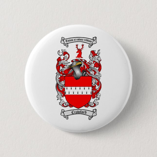 CRAWFORD FAMILY CREST -  CRAWFORD COAT OF ARMS 6 CM ROUND BADGE (Front)