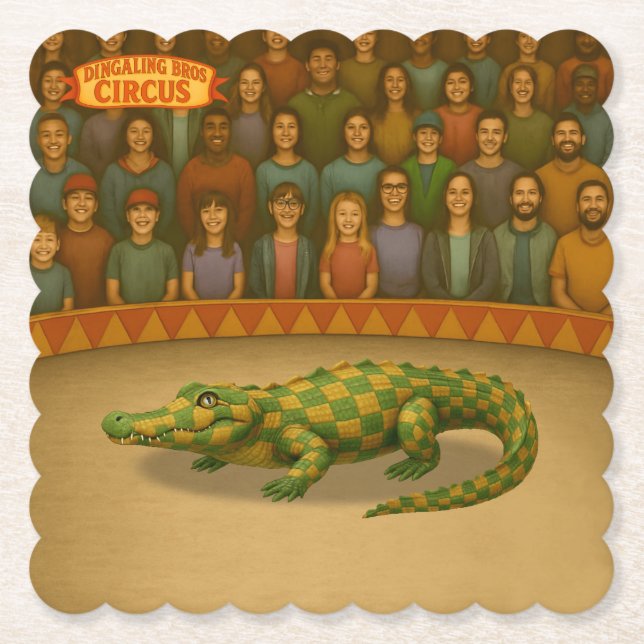 Crawford, painted circus crocodile paper coaster (Front)