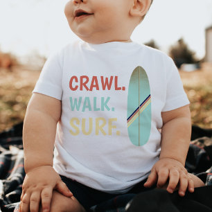 Crawl Walk Surf Retro Vintage Blue Surfboard Baby T-Shirt