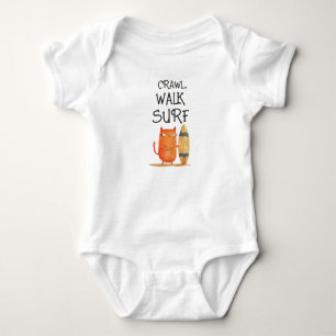 Crawl Walk Surf Watercolor Surfer Cat Funny& Cute Baby Bodysuit