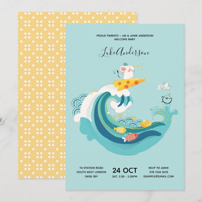 Crawl, Walk, Surf Wave Rat/Mouse Zodiac Baby Invitation (Front/Back)