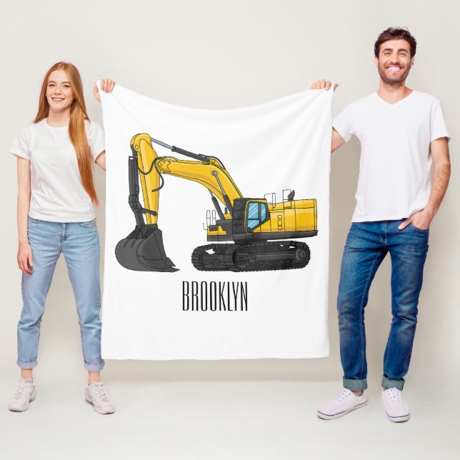 Crawler excavator cartoon illustration fleece blanket (In Situ)