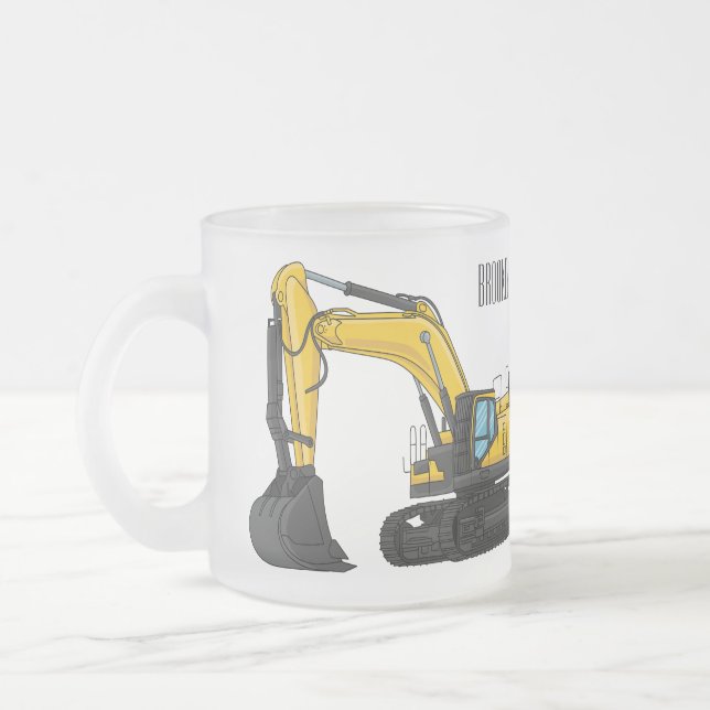 Crawler excavator cartoon illustration frosted glass coffee mug (Left)