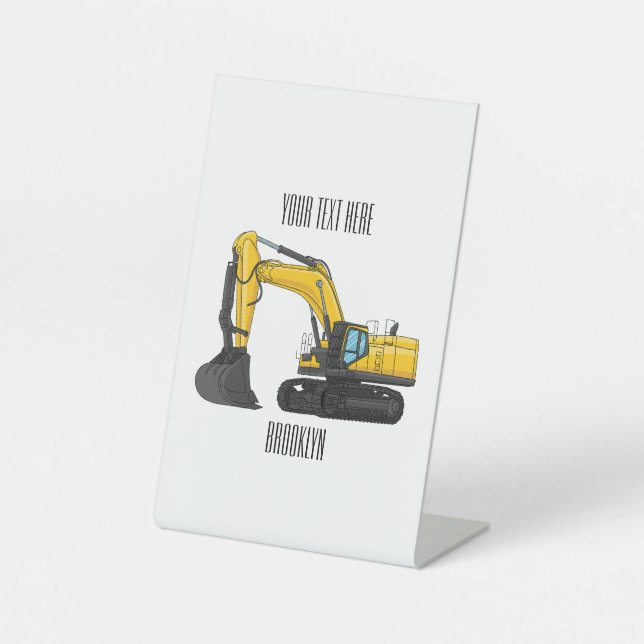 Crawler excavator cartoon illustration pedestal sign (Front)