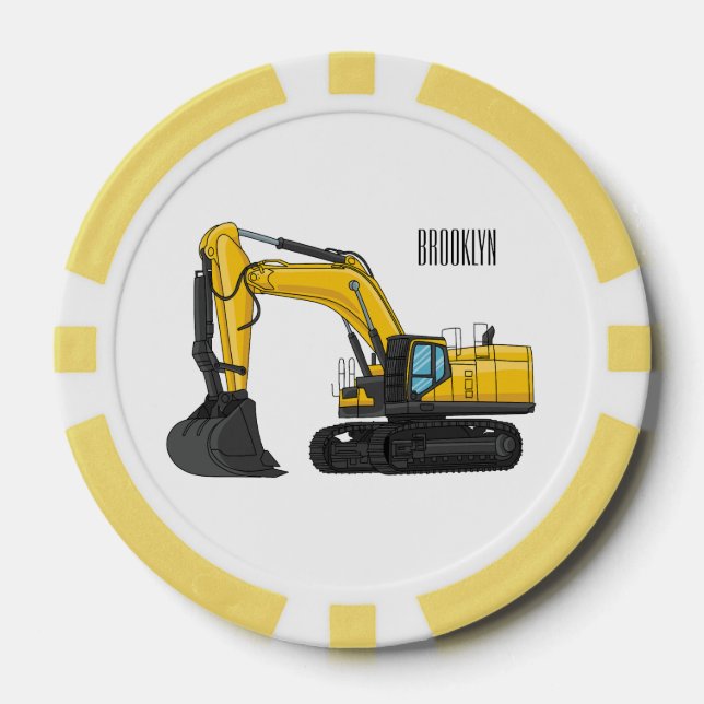 Crawler excavator cartoon illustration poker chips (Front)