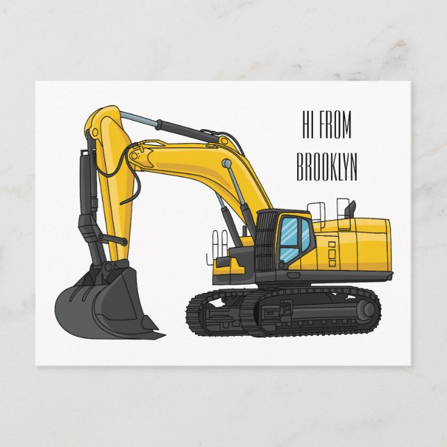 Crawler excavator cartoon illustration postcard (Front)