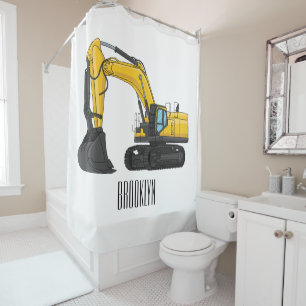 Crawler excavator cartoon illustration shower curtain
