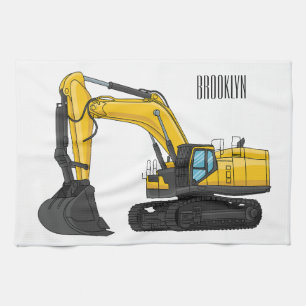 Crawler excavator cartoon illustration tea towel