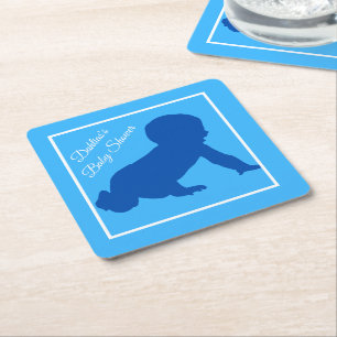 Crawling baby Blue Baby Shower Square Paper Coaster