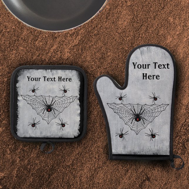 Crawling poisonous Black Widow Spiders Web White Oven Mitt & Pot Holder Set (crawling poisonous black widow spiders in triangular web on black and white oven mitt and potholder.)