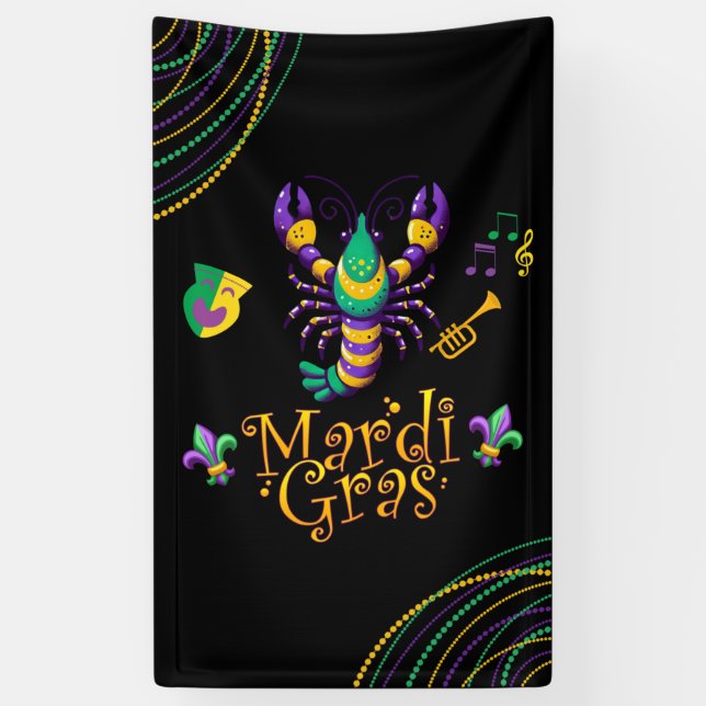 Crayfish/trumpet/mask/fleur de lis Mardi Gras  Banner (Vertical)