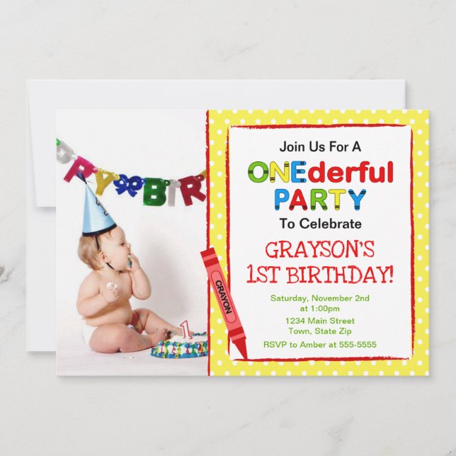 Crayon 1st Birthday Party Invitation Photo Card (Front)