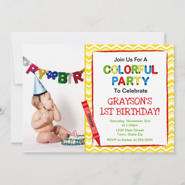 Crayon 1st Birthday Party Invitation Photo Card (Front)