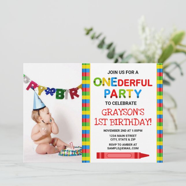 Crayon 1st Birthday Party Invitation Photo Card (Standing Front)