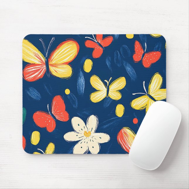 Crayon and Butterfly Flowers Mouse Mat (With Mouse)