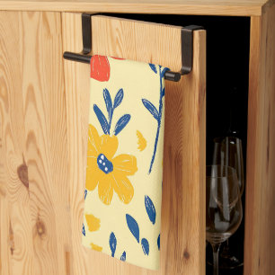 Crayon and Butterfly Flowers Tea Towel