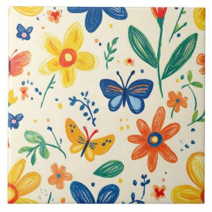 Crayon and Butterfly Flowers Tile