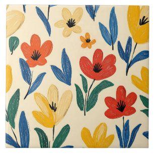 Crayon and Butterfly Flowers Tile