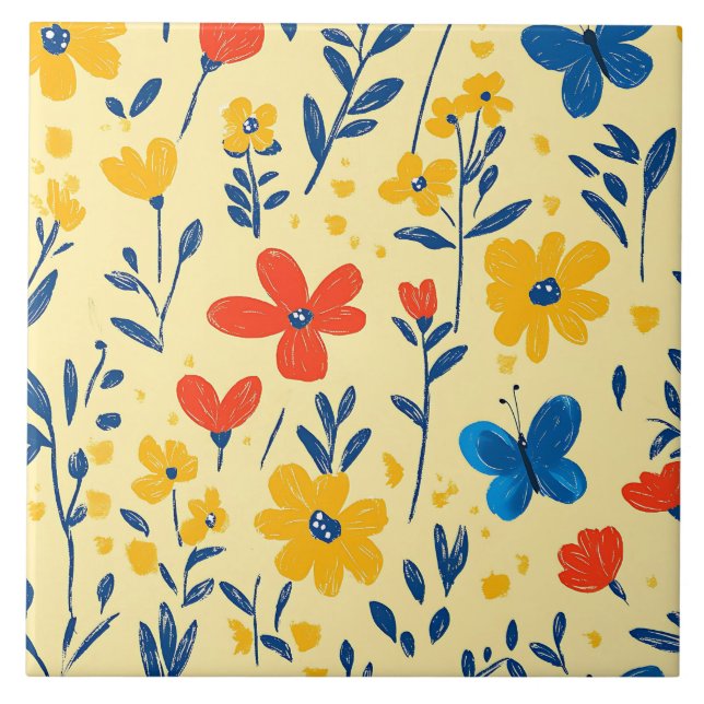 Crayon and Butterfly Flowers Tile (Front)