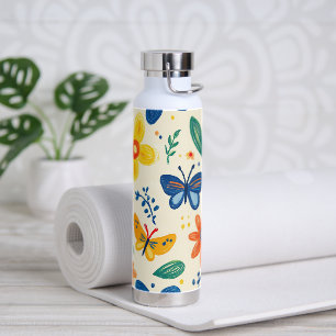 Crayon and Butterfly Flowers Water Bottle