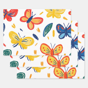 Crayon and Butterfly Flowers Wrapping Paper Sheet