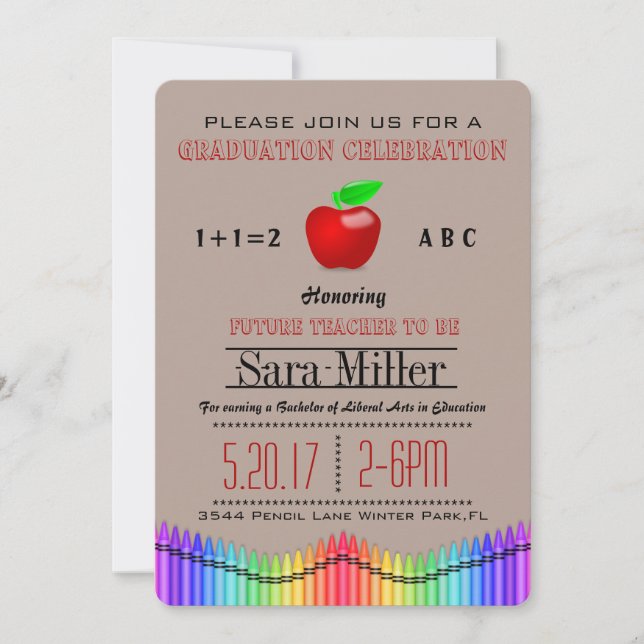 Crayon & Apple Teacher Graduation Invitation (Front)