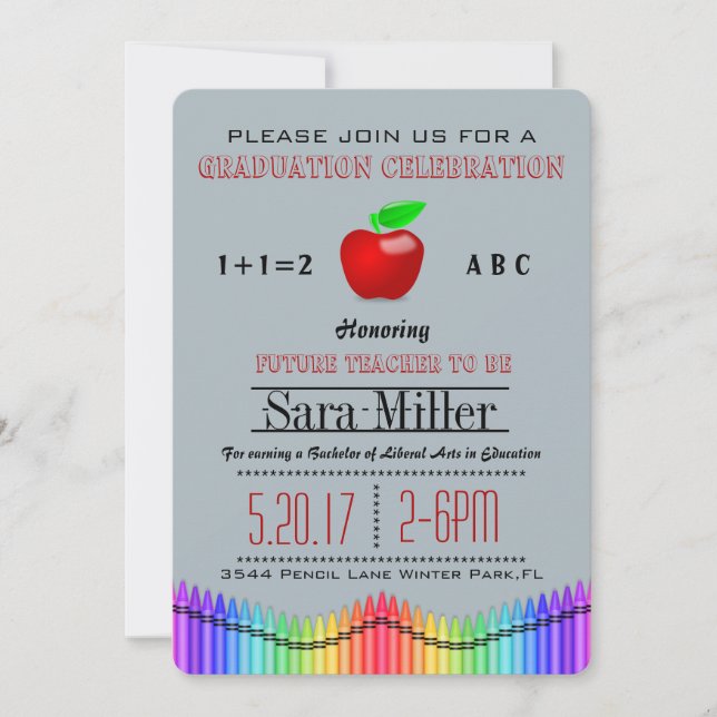 Crayon & Apple Teacher Graduation Invitation (Front)
