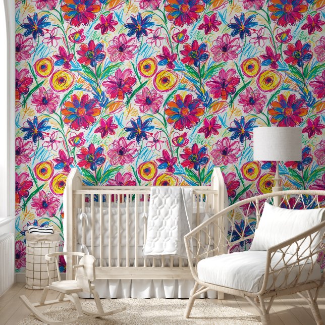 Crayon Colourful Flowers Seamless Pattern Wallpaper (Kids)