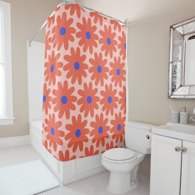 Crayon Flowers Cheerful Floral Pattern Shower Curtain (In Situ)