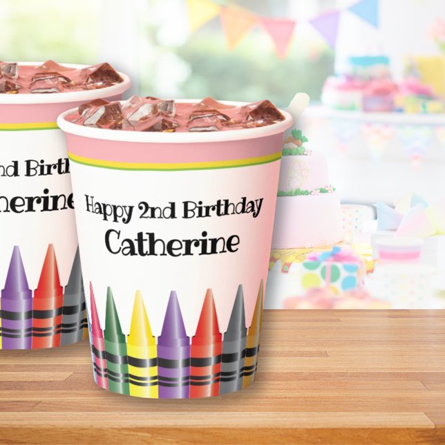 Crayon Happy 2nd Birthday Pink Green Party Kids Paper Cups (Creator Uploaded)