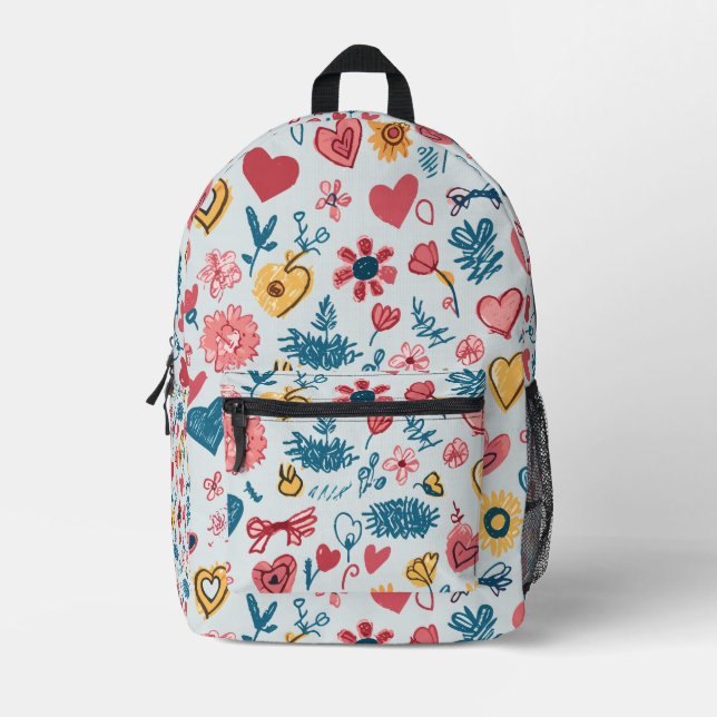 Crayon Hearts and Flowers Printed Backpack (Front)