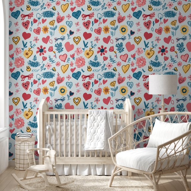Crayon Hearts and Flowers Wallpaper (Kids)