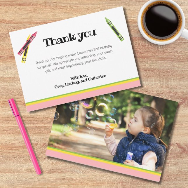Crayon Kids 2nd Birthday Pink Photo Thank You Card (Creator Uploaded)