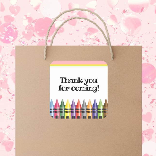 Crayon Kids Birthday Party Pink Green Thank You  Square Sticker (Creator Uploaded)