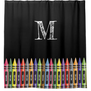 Crayon Kids Black Trendy Pattern Monogram Shower Curtain