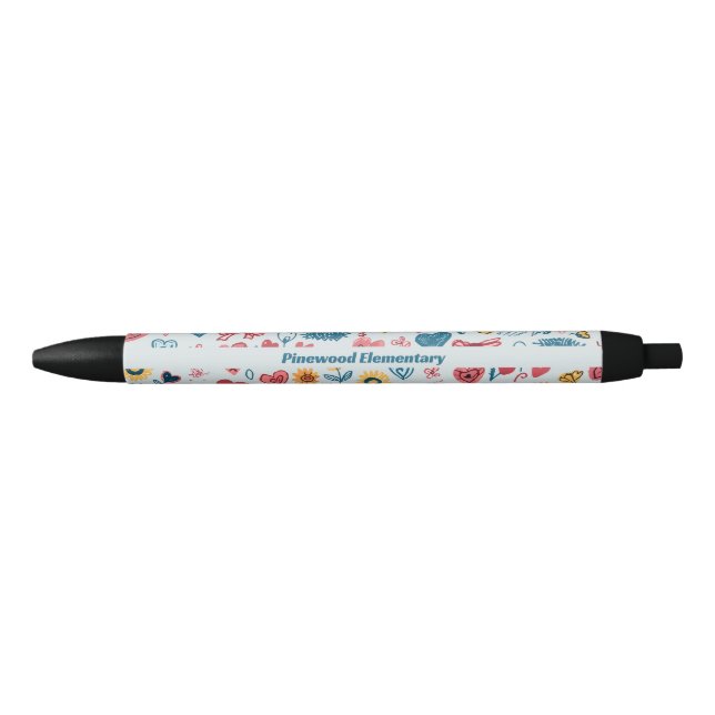 Crayon Pastel Heart & Flowers Black Ink Pen (Front)