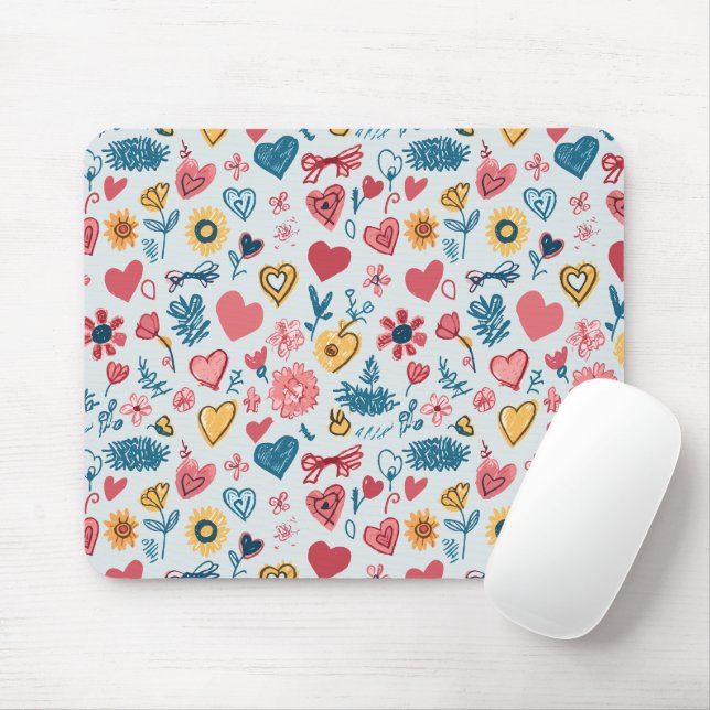 Crayon Pastel Heart & Flowers Mouse Mat (With Mouse)