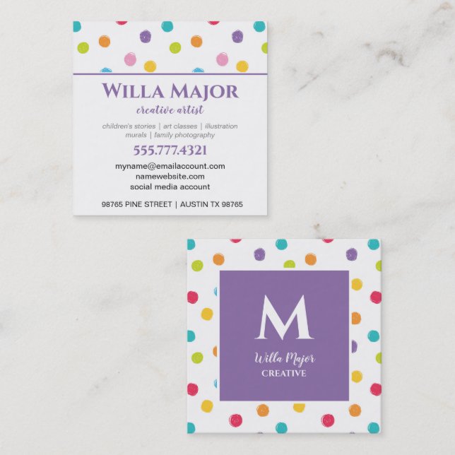 Crayon Polka Dots Artsy Creative  Square Business Card (Front/Back)
