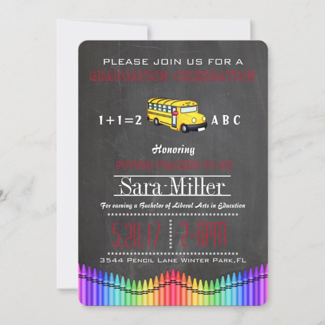 Crayon & School Bus Teacher Graduation Invitation (Front)